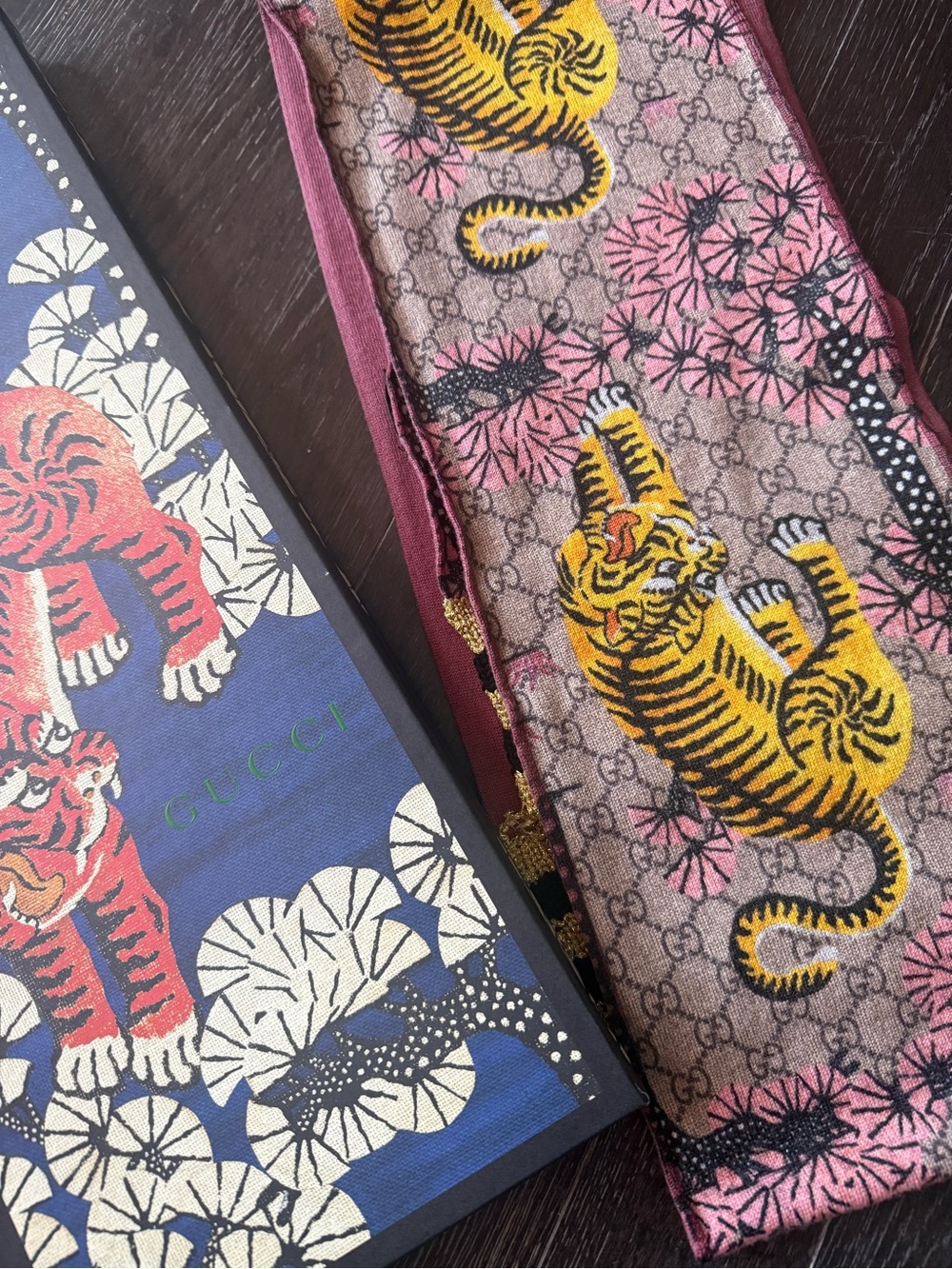 Gucci Tiger and Floral Silk Scarf in Yellow and Pink